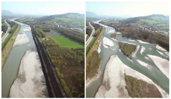 Alpenrhein zwischen Schaan-Buchs und Bendern-Haag links: Status quo, rechts visualisierte Aufweitung (Foto und Visualisierung: Internationale Rheinregulierung & Peter Rey, Hydra Institute)